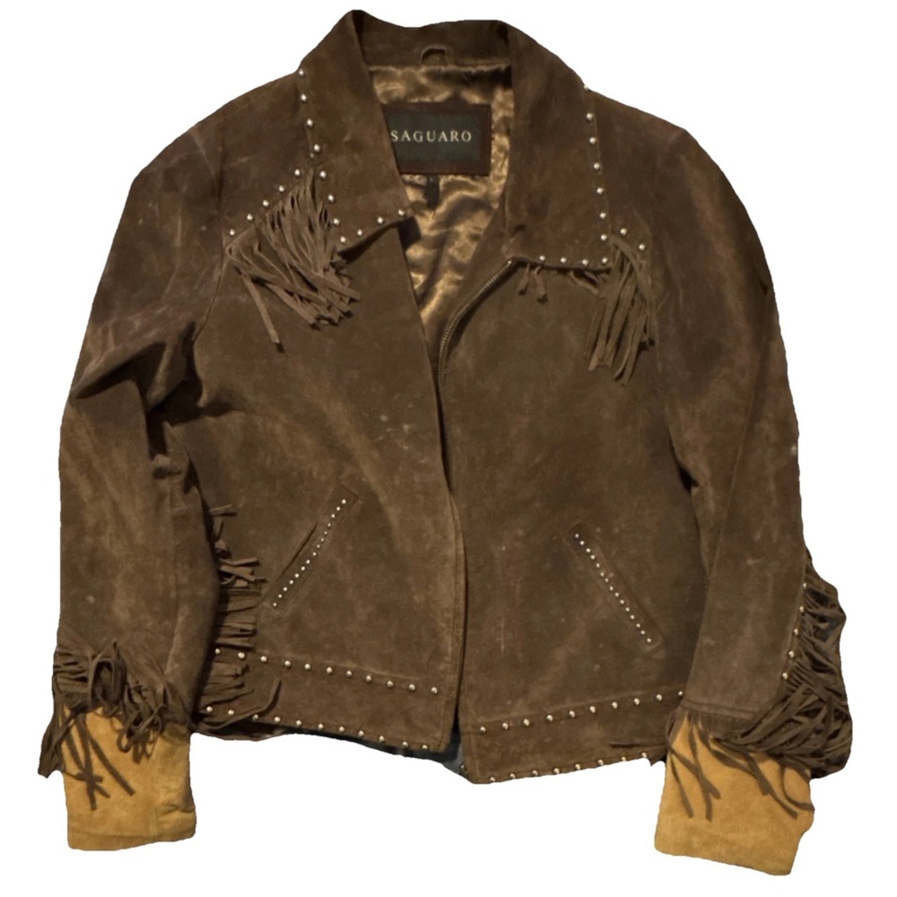 Saguaro Jacket Brown Leather Fringe Studded Cross Zip Western Women's Size L - Picture 2 of 5
